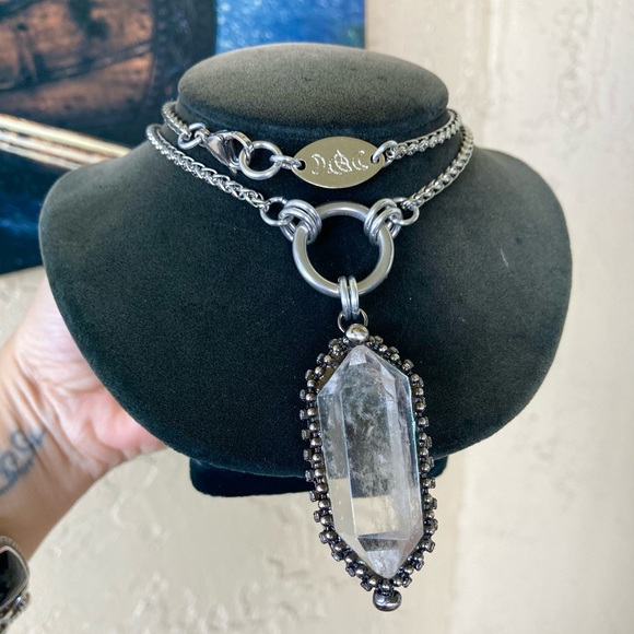 Natural Crystal quartz black electroplated boho goth stainless steel necklace - Picture 5 of 15